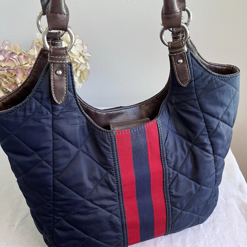 Heritage Bass Quilted Fabric Navy And Red Purse Nautical Vintage Hobo - Image 3 of 4
