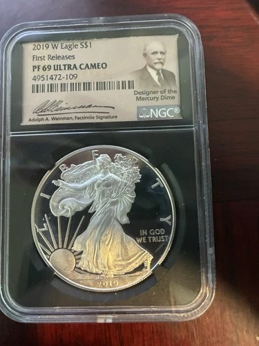 2019-W $1 Silver American Eagle NGC PF69 Ultra Cameo, Adolph Weinman label