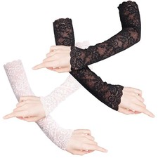 2 Pairs Women's Arm Sleeves Long Lace Fingerless Gloves UV Protection Black M...