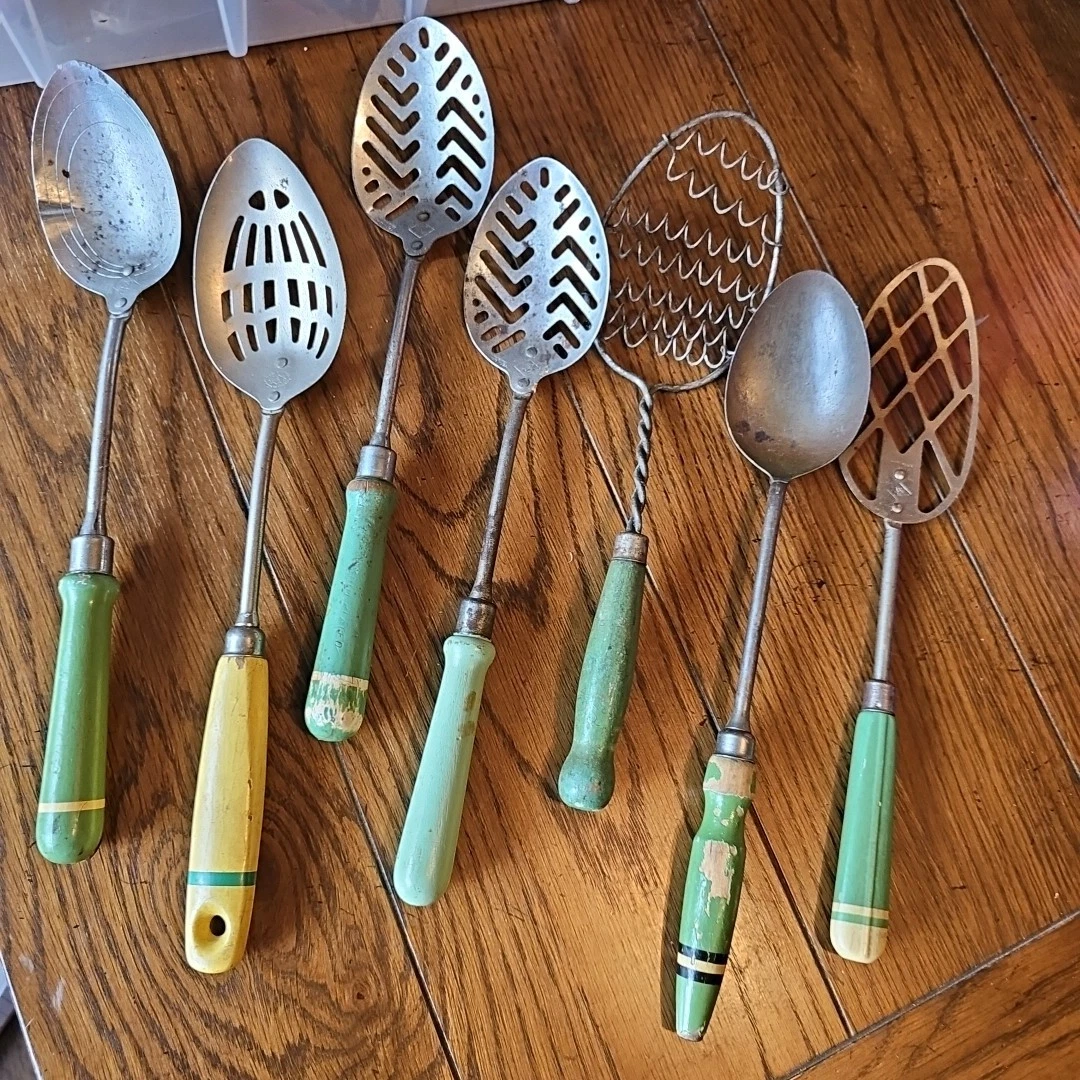 Vtg Lot Of 7 Large USA Cooking Serving Spoon Slotted Wisk Wooden Handle