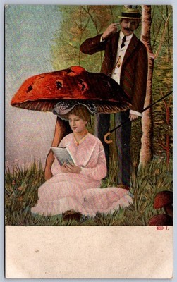 K39/ Interesting Postcard c1910 Fantasy Couple Mushroom Good Luck 3of4 402