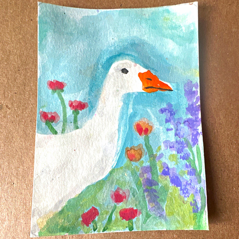 Original ACEO Watercolor Painting - Cute Goose in Flowers - 2.5x3.5 ArtCard