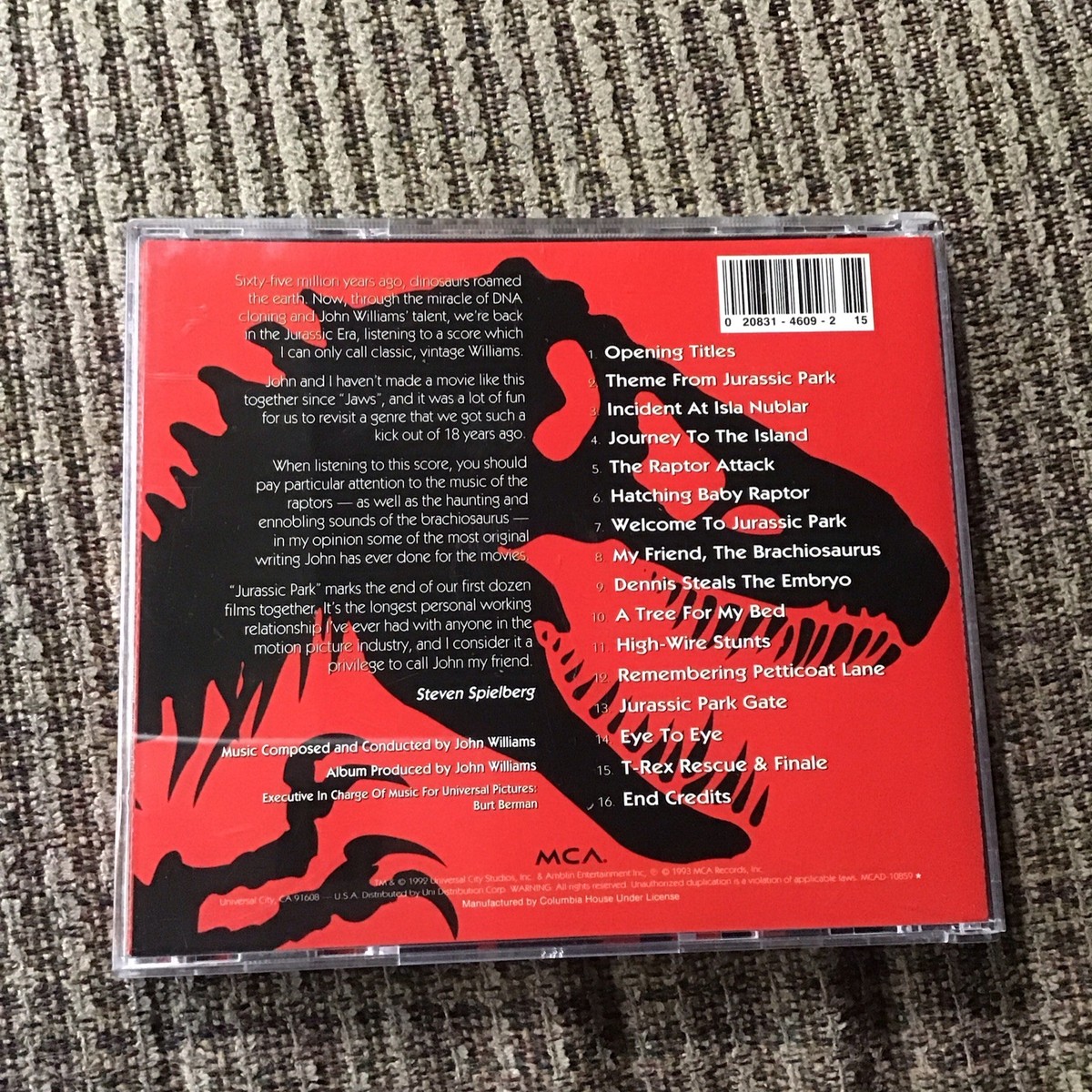 JURASSIC PARK 1993 ORIGINAL MOTION PICTURE SOUNDTRACK CD JOHN