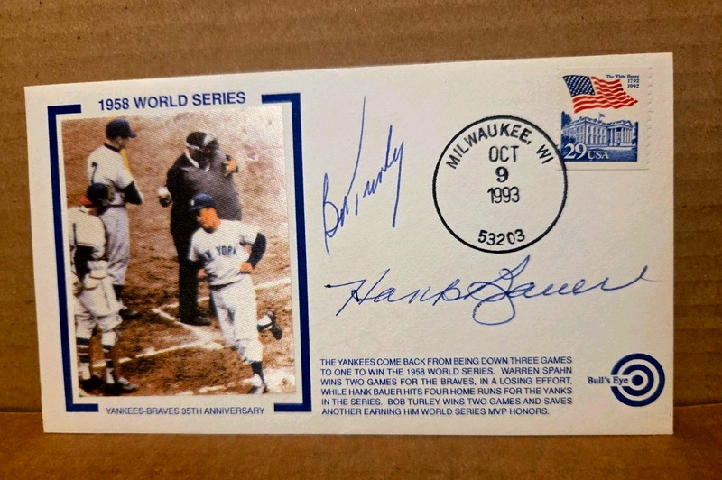 Hank Bauer & Bob Turley Signed Bull's Eye Cachet 1958 World Series Anniver W/COA