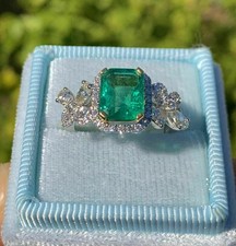 3.08 Ct Emerald Cut Natural Emerald  Diamond Wedding Ring 14K White Gold Size 8