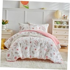3pcs Flannel Comforter Set for Girls, Queen Size Queen- 88"x88" Botanical Pink