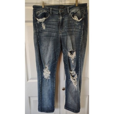 Judy Blue Mid-Rise Destroyed Paint Splatter Boyfriend Jeans 18W