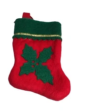 Mini Red Felt Christmas Stocking Green Holly-  Gold Trim 6 x 4 inch