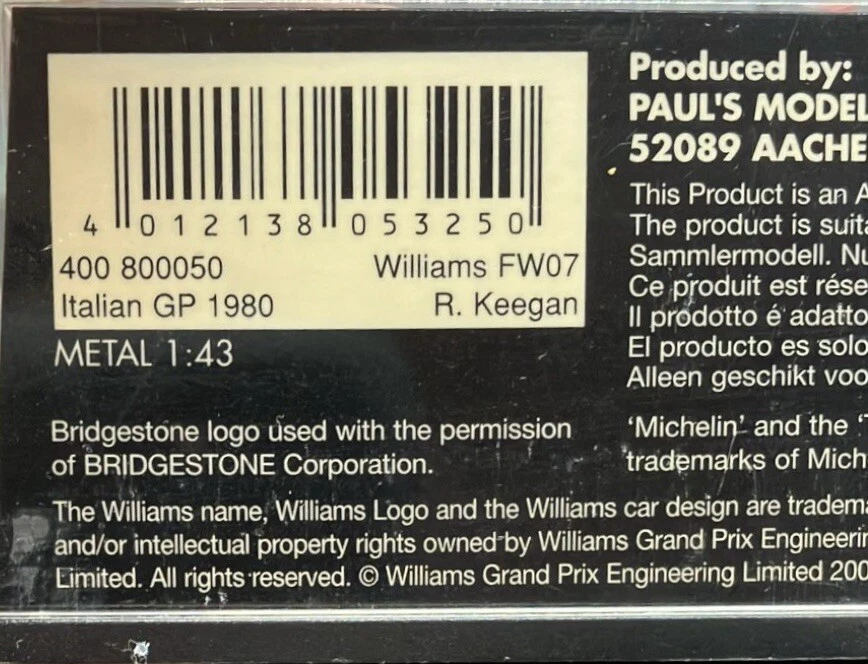 Minichamps 1/43 Williams FW07 GP de Italia 1980 400800050 Foto 4 de 4