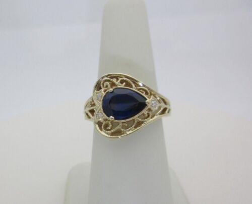 14k Blue Sapphire Diamond Ring Fiori AAA Ceylon 1.35 Pear Filigree US 6.5 R1751