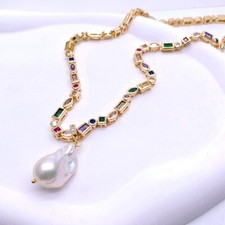 16" Cultured White Baroque Pearl Pendant Cz Multi Color Chain Choker Necklace