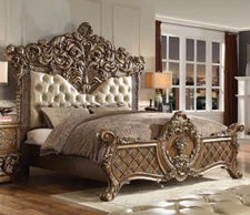 Luxury Ornate King Bed Antique Gold & Brown Carved Wood Old World Baroque Rococo