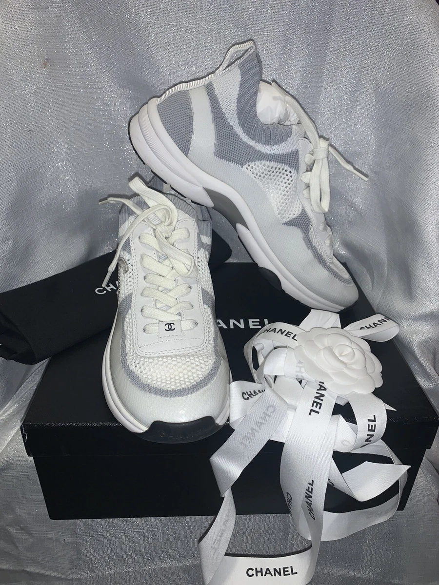 New CHANEL CC White Gray Thick Soles Lace Up Sneakers Trainer 40