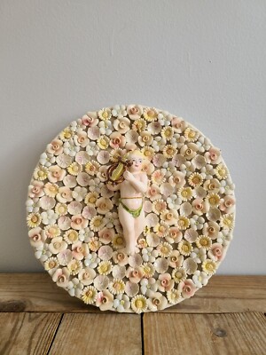 Antique Italian Ardalt Dresden Large Plate Cherub Mandolin Flowers wall hang 10''
