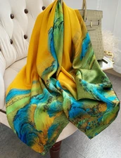 100% Silk Scarf Women neckerchief long Shawl Wrap yellow blue green MY200-25