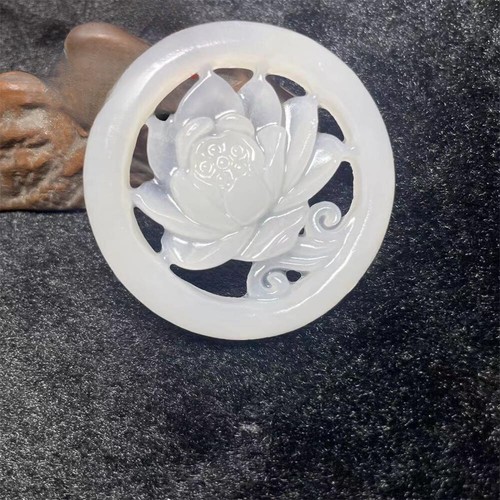 Natural Jadeite Hollow Carving Lotus Jade Pendant Exquisite Elegant Simple - Picture 2 of 5