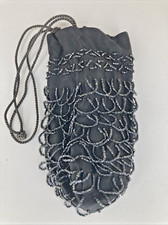 Antique Glass Seed Beaded Purse w/ Drawstring Closure Teal Material Inside