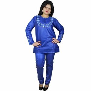 Details about   Women Dashiki Soft Fabric Blue Top-Pants Set With Gold Embroidery X20666
