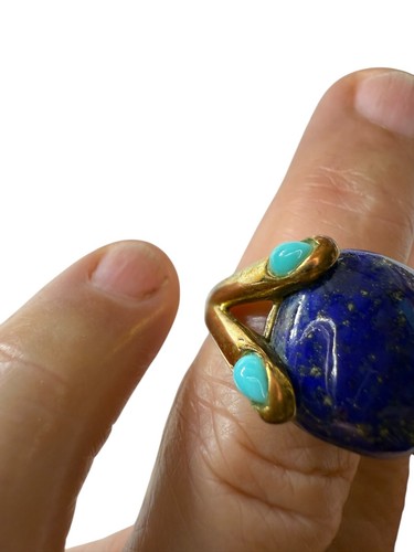 High Quality Artisan Lapis Lazuli Ring Size 6.75 With Truquoise 925 Gold Tone - Picture 4 of 11