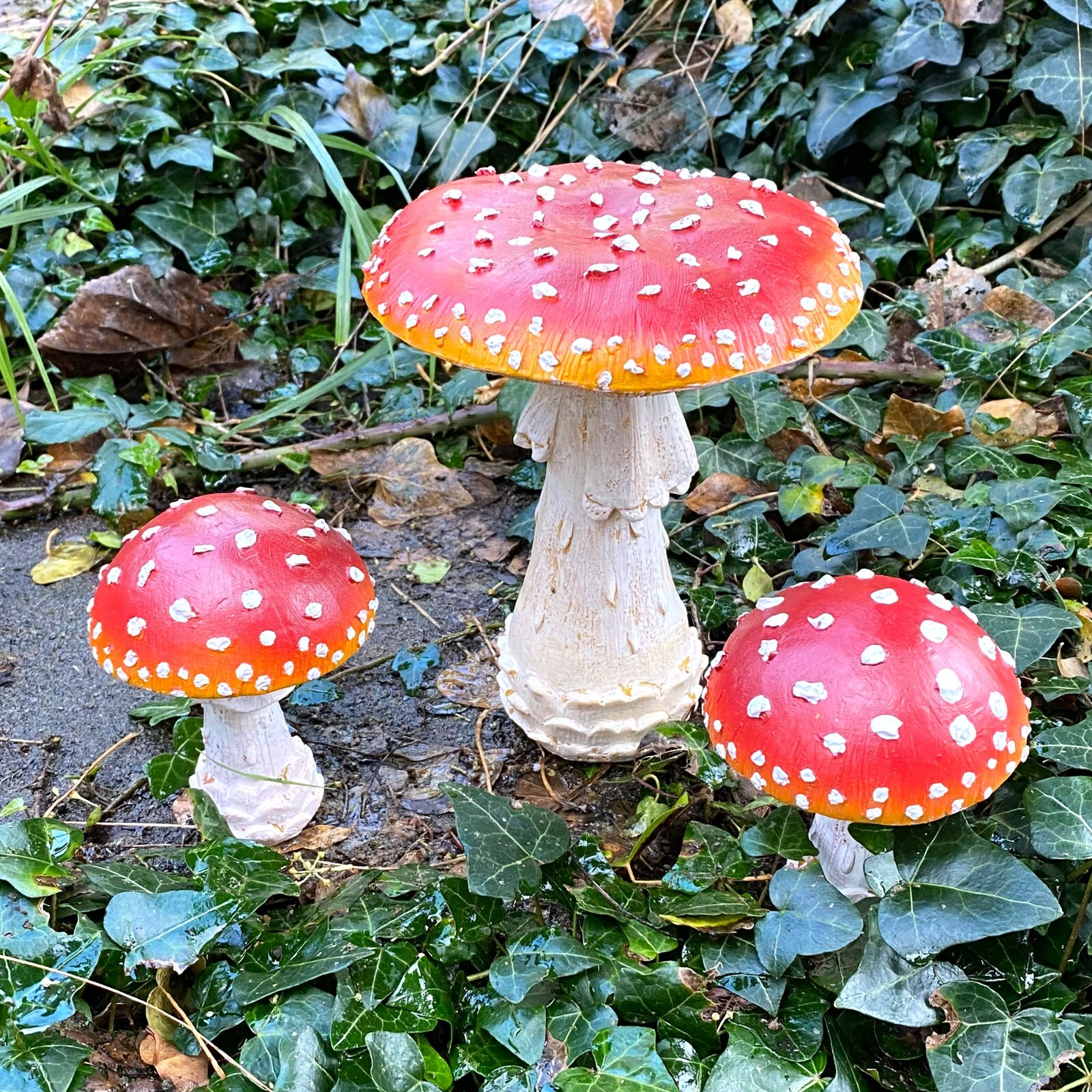 3 Garden Mushroom / Toadstool Ornaments Outdoor Red Cap Fairy Gardens