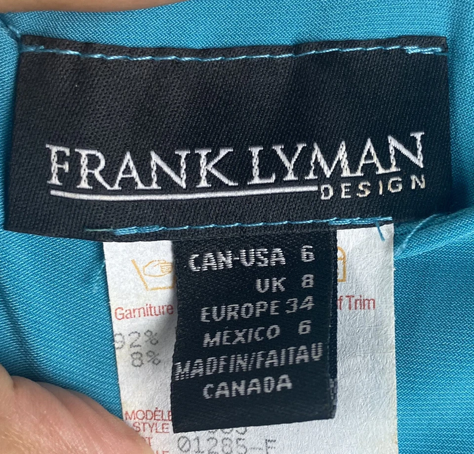 Vestido para mujer Frank Lyman sin mangas verde azulado con volantes talla 6. Foto 4 de 4