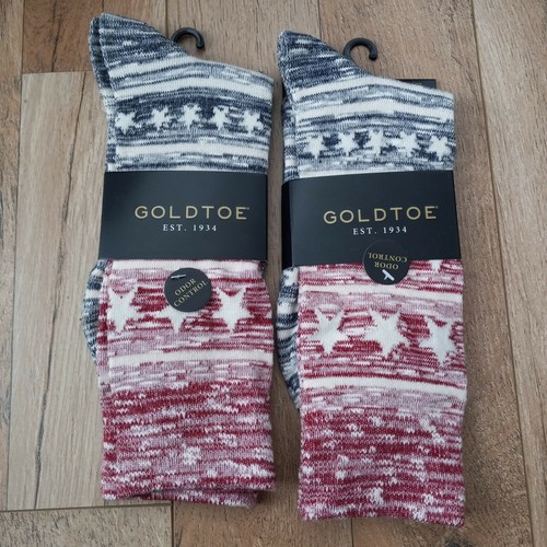 GOLDTOE Men's 2 Pair Crew Socks Red/White/Blue Stars Shoe Size 6-12.5 - Picture 1 of 3