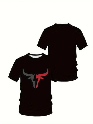 Men's Bull Pattern Printed T-shirt, Casual Short Sleeve Round Neck T-shirt, Summ - Picture 3 of 7