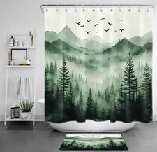 Watercolor Green Woodland Misty Forest Shower Curtain Set for Bathroom Decor
