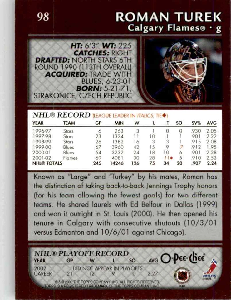 2002-03 O-Pee-Chee Roman Turek #98 - Image 2 of 2