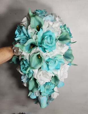 Aqua Tiffany White Rose Calla Lily Bridal Wedding Bouquet Accessories | eBay