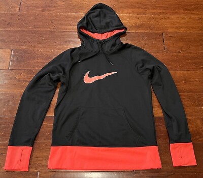 black nike hoodie with red swoosh