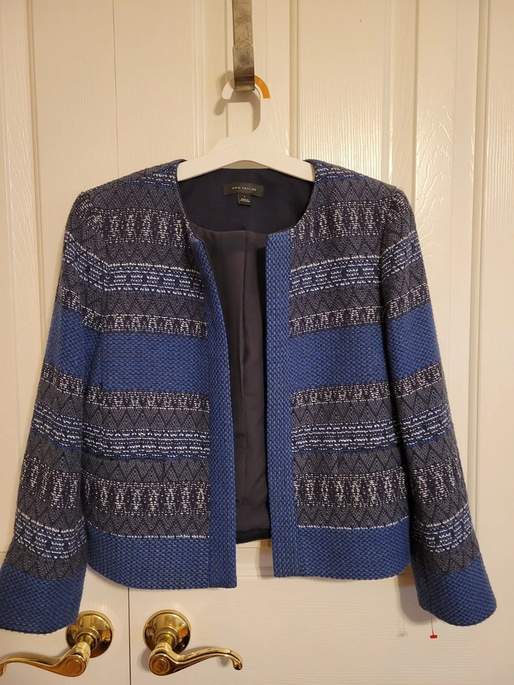 NWOT Ann Taylor $139 Striped Tweed Jacket Multi Blue Open Front Blazer Size 6 - Image 4 of 4