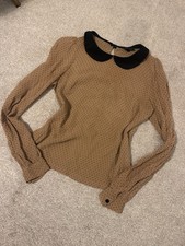 Topshop Camel Polka Dot Sheer Long Sleeved Collared Blouse Size 8