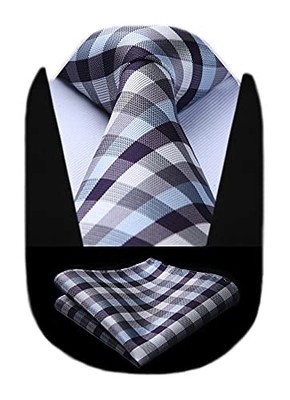  Mens Ties Solid Color Tie and Pocket Square Set B-blue & Gray & White Check