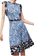 LOFT Blue Floral A-Line Dress Ruffle Short Sleeve Knee Round Neck Size 4P