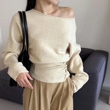 2025 Off Shoulder Slash Neck Autumn Winter Knitted Sweater Women Wrinkled Button