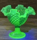 Fenton Dark Green/Green Hobnail Compote Vase Glass Crimped Ruffle Uranium Glows