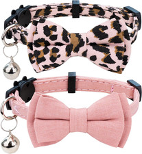 Adjustable Breakaway Cat Collar Set with Bell and Bowtie - Pink Leopard  Solid