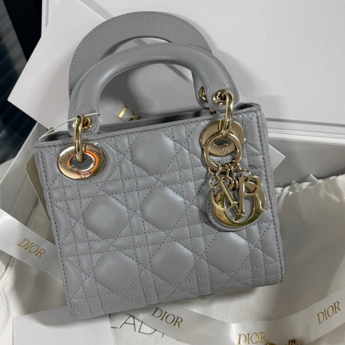 Christian Dior Lady Dior Mini Dior Cannage Gray Top Handle Handbag GHW
