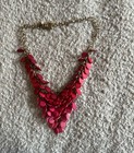 Chicos Red Bib Style Statement Necklace Gold Tone Chain - Christmas Holiday
