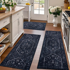 Kitchen Rug Sets of 3, Navy Boho Washable Non Slip Kitchen Mats for Floor Soft R