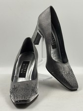 Stuart Weitzman Satin Crystal Embellishment Pumps Metallic Gray Square Toe 6.5 B