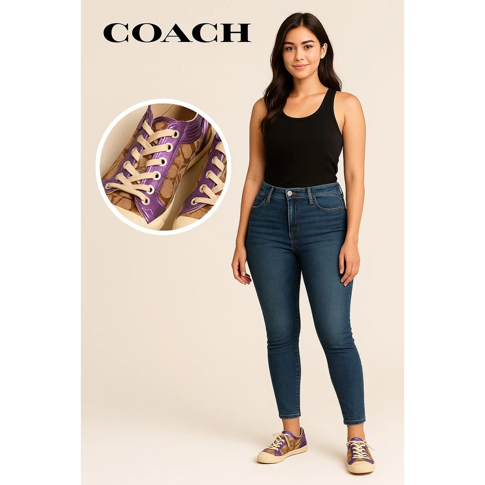 Zapatillas Coach Zorra A1412 Logo 8.5 Marrón Lona Púrpura Lentejuelas Ribete Envejecido Foto 2 de 4