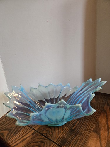 14 " FOSTORIA Heirloom Blue Opalescent Large Crimped Decorative Bowl Centerpiece - Picture 2 of 12