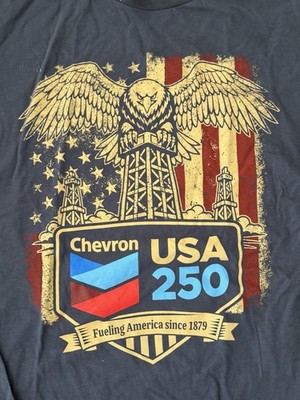 Chevron USA 250 Shirt Mens Graphic Tee Fueling America Since 1879 Gas Oil Promo