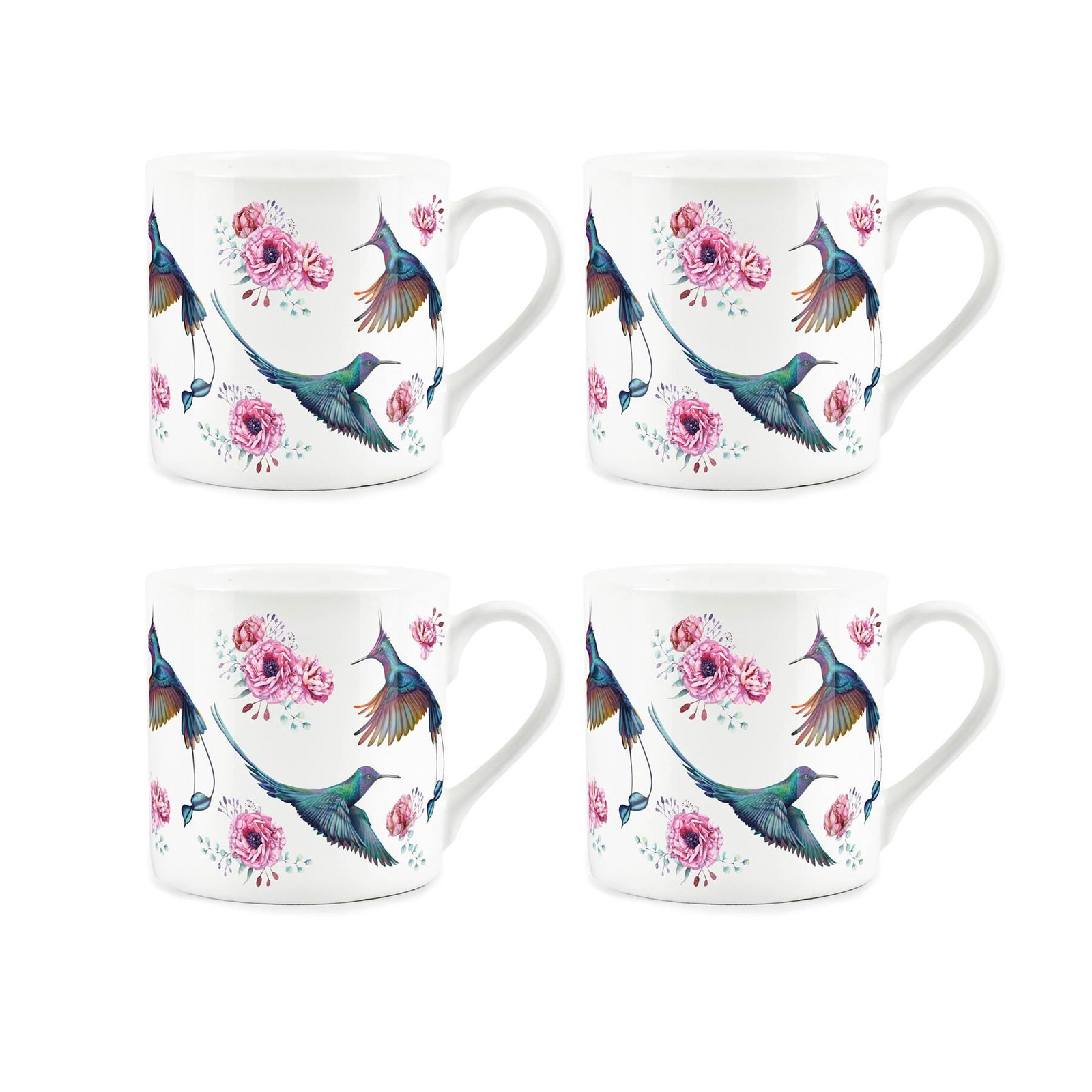 Hummingbirds Bone China Mugs - Pink Floral Gifts for Bird Lovers Set of 4
