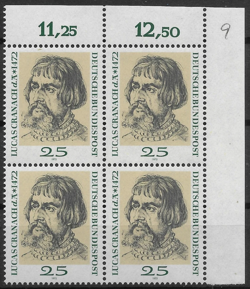 Bund 1972 ** Mi 718 Lucas Cranach im Eckrandviererblock 4er oben rechts 05613D - Bild 1 von 1