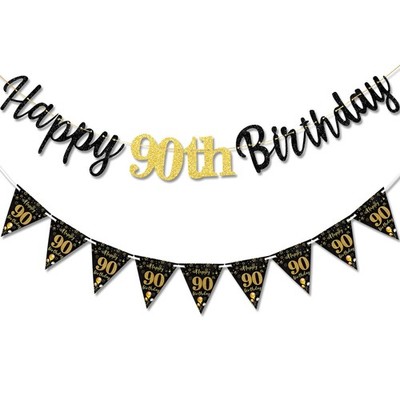 TOPWAYS 90. Geburtstag Deko Banner Damen Herren, schwarz gold 1, 