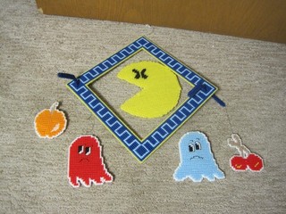 Vintage 1980's Pac-Man & Ghosts Hanging Mobile Cross Stitch Arcade Game Vintage