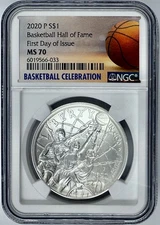 2020 P $1 NBA Basketball Hall of Fame Silver Coin NGC MS 70 First Day of Issue